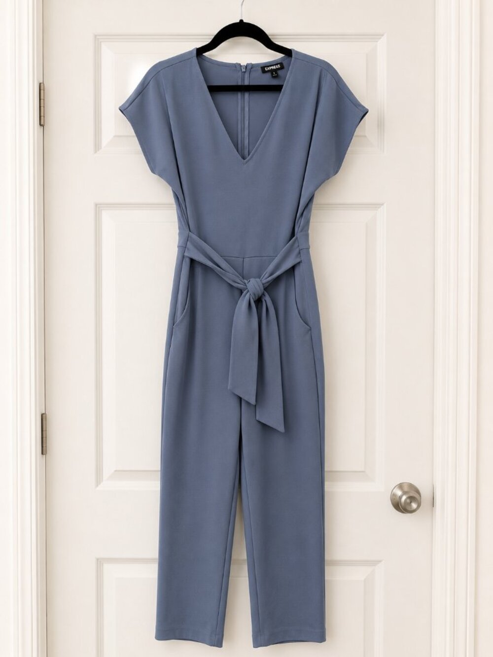Express Blue Tie Waist Wide Leg Jumpsuit | Size M